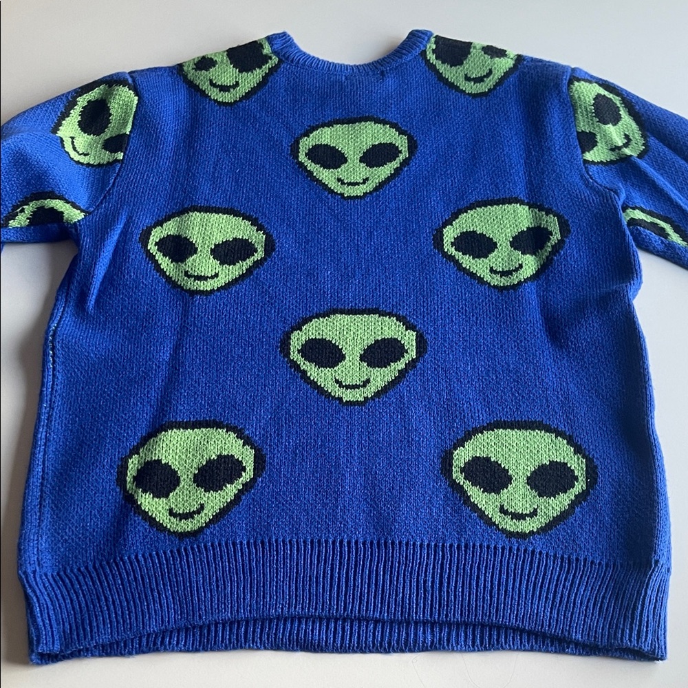 Forever 21 Men’s Blue Knit Crewneck Sweater w Green Alien Print - Picture 7 of 11